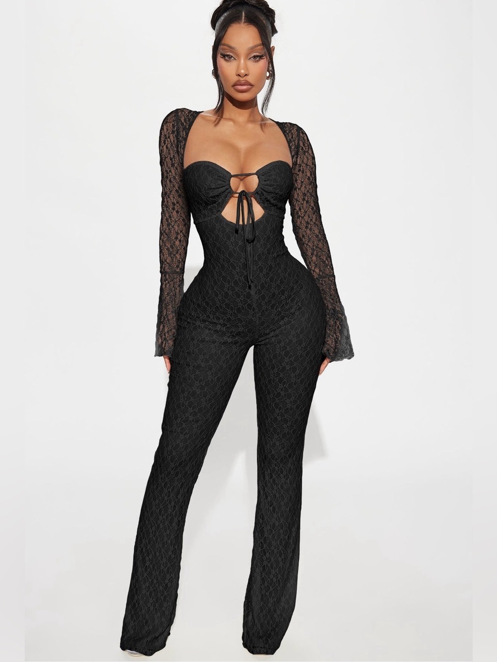 ✨ NEW ✨ Black Lace Long-Sleeve Jumpsuit with Front Tie Size Medium ✨ - Picture 2 of 5